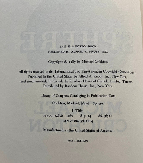 Sphere, Michael Crichton - First Edition, 1987 - Excellent Condition