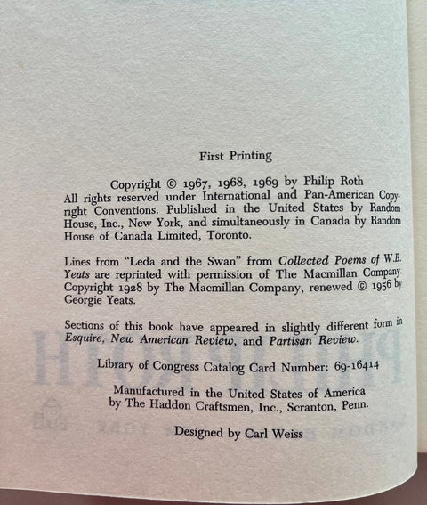 Portnoy's Complaint, Philip Roth - First Edition, First Printing, 1969 - Rare