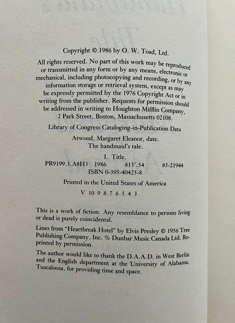 The Handmaid's Tale, Margaret Atwood - First Edition, Third Printing - 1986 - Great Condition!