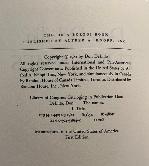 The Names, Don DeLillo - First Edition, 1st Printing - 1982 - Like New