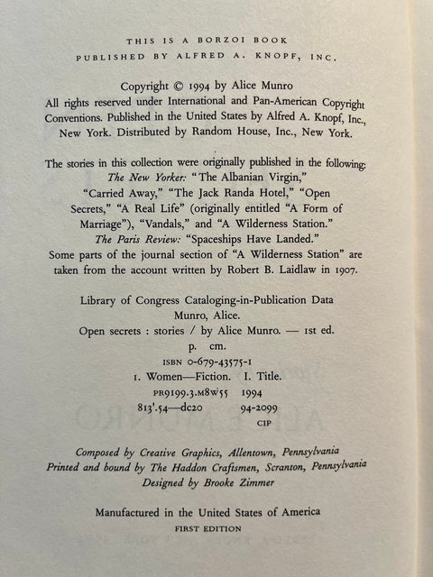 Open Secrets, Alice Munro - First American Edition, 1st Printing - 1994