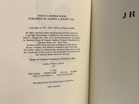 JR, William Gaddis - First Edition, 1st Printing - 1975
